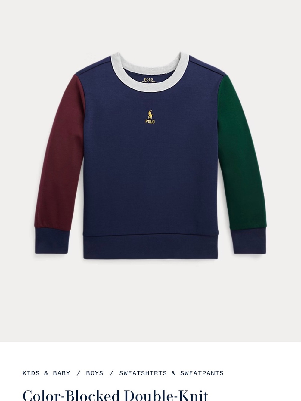 Polo by Ralph Lauren Navy Crewneck Sweatshirt with Burgundy and Green Sleeves